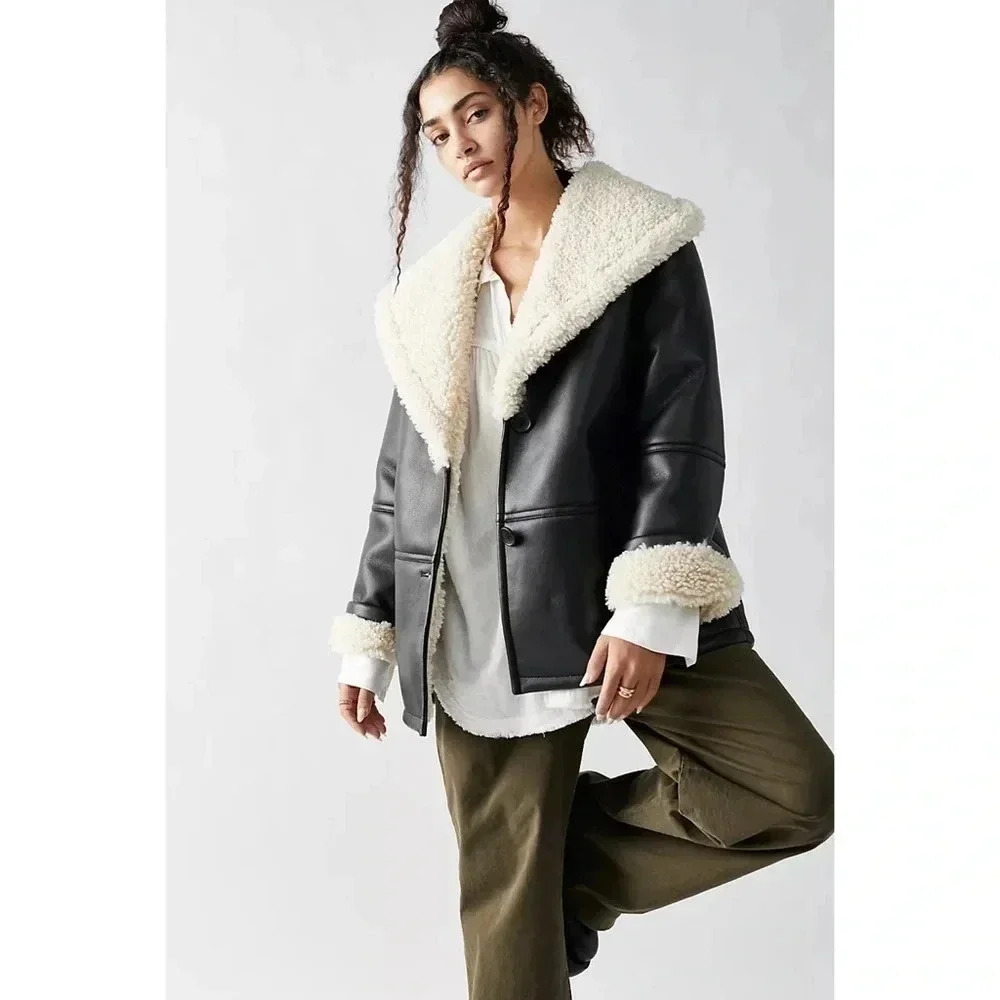 New Free People Winnie Oversized Vegan Leather Sherpa Jacket Black Medium